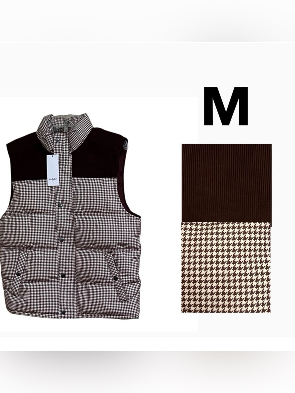 Goodfellow & Co Puffer Vest brown and White Checkered with corduroy trim